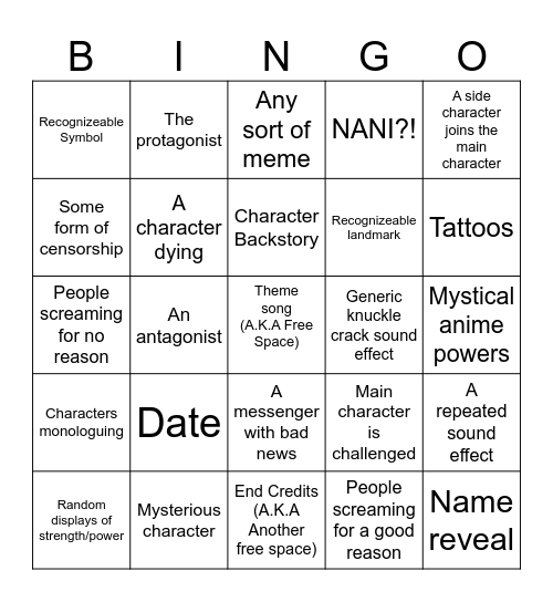 Anime Bingo Card