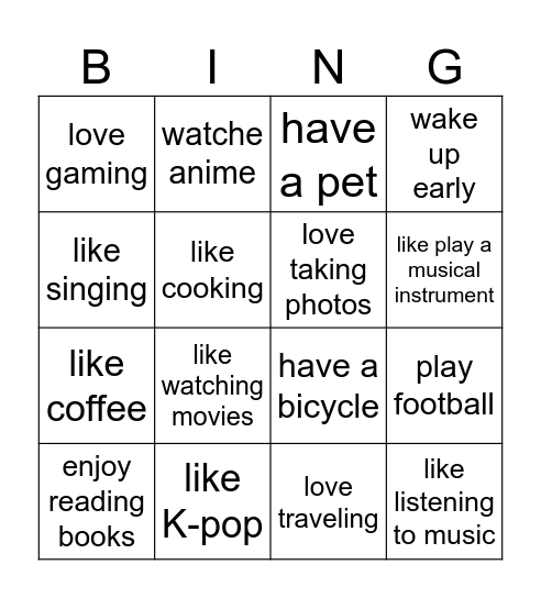 Find Someone Who... (Do you.......?) Bingo Card