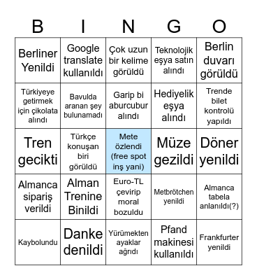 Elif'in Almanya gezisi Bingo Card