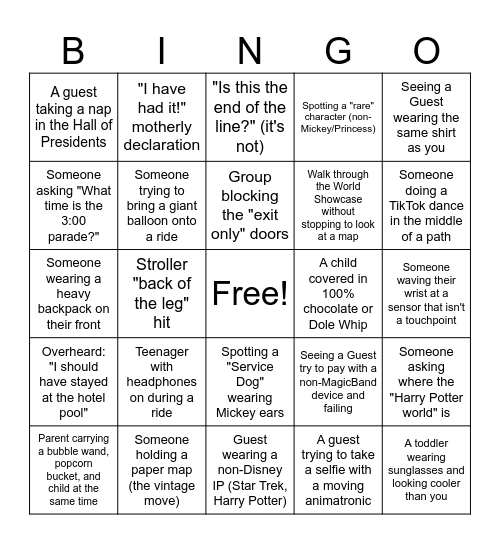 Disney World Bingo Card