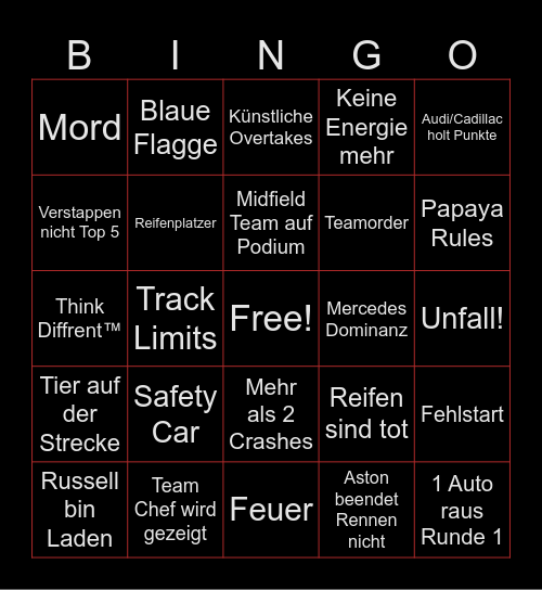 F1 Kanada Bingo Card