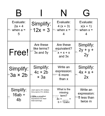 Algebra BINGO Card
