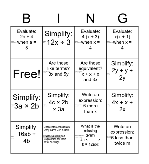 Algebra BINGO Card