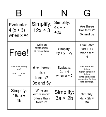 Algebra BINGO Card