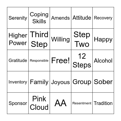 Recovery Bingo Card