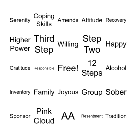 Recovery Bingo Card