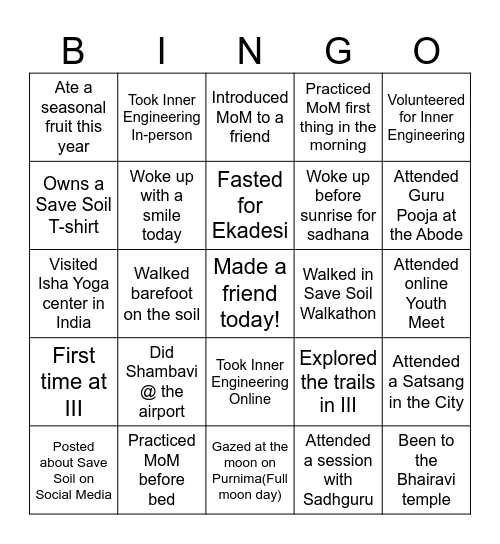 Isha Youth Bingo Card