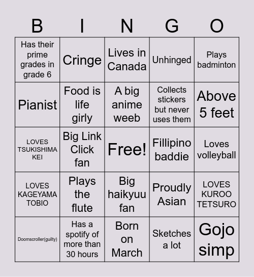 How much do you relate to me ? Bingo Card