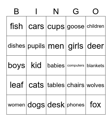 singular and plural Bingo Card
