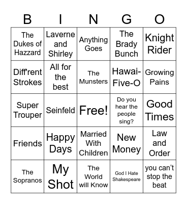 TV & Broadway Theme Songs Bingo Card