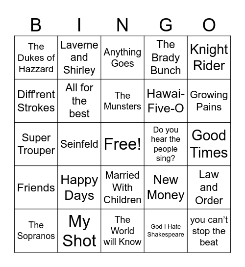 TV & Broadway Theme Songs Bingo Card