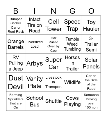 Road Trip Bingo Card