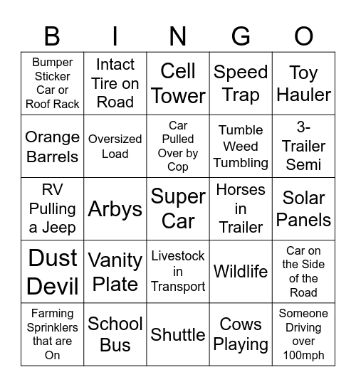 Road Trip Bingo Card