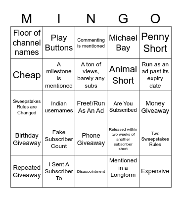MrBeast Sub Short Bingo Card