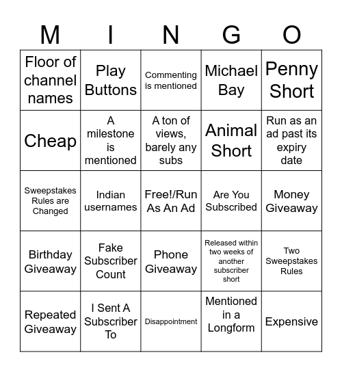 MrBeast Sub Short Bingo Card