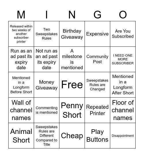 MrBeast Sub Printer Bingo Card