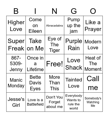 80's Top Hits Bingo Card