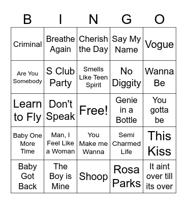 90's Hits Bingo Card