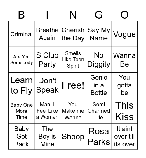 90's Hits Bingo Card