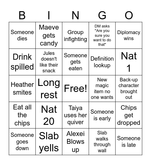 DND Bingo Card