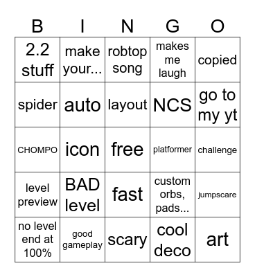 Geometry Dash recent tab Bingo Card