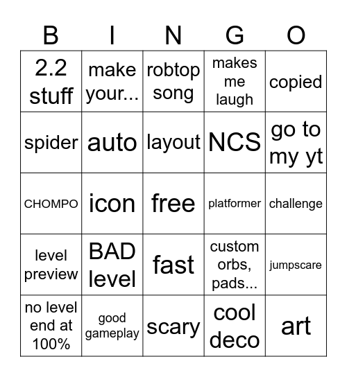 Geometry Dash recent tab Bingo Card