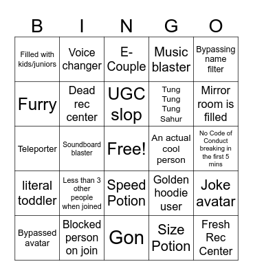 Rec Center Bingo Card