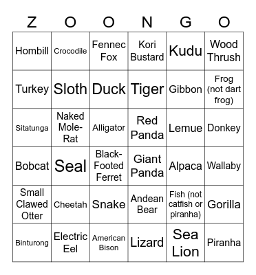 Zoo Bingo Card