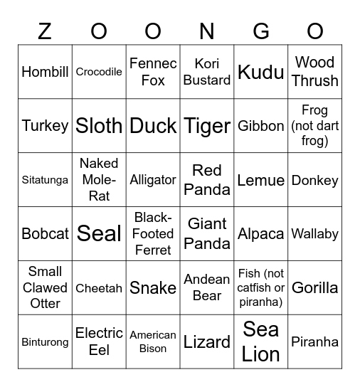 Zoo Bingo Card