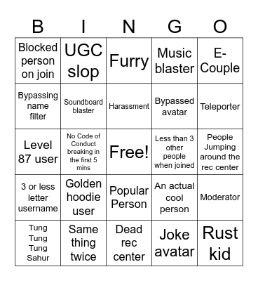 Rec Center Bingo Card