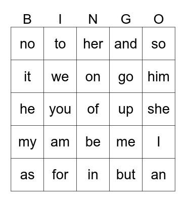 List 1 sight words Bingo Card