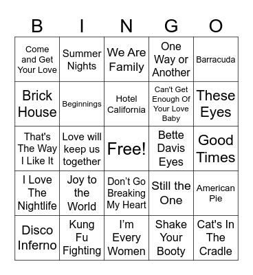 60's & 70's Bingo Card