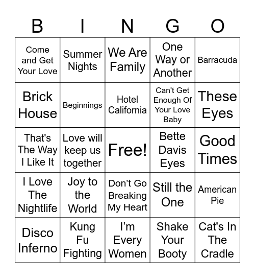 60's & 70's Bingo Card