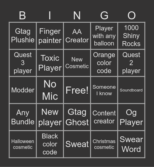 Gorilla tag Bingo Card