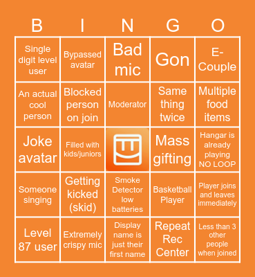 Rec Center Bingo (each server is 5 mins MAX) Bingo Card