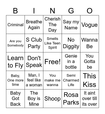 90's Hits Bingo Card