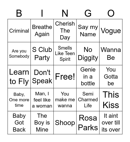 90's Hits Bingo Card