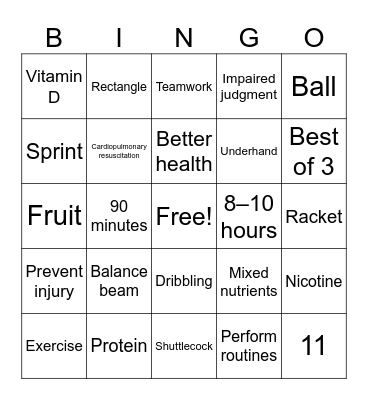 PE & Health Bingo Card