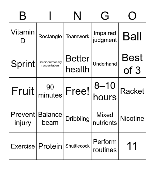 PE & Health Bingo Card