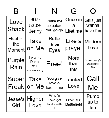 80's Top Hits Bingo Card