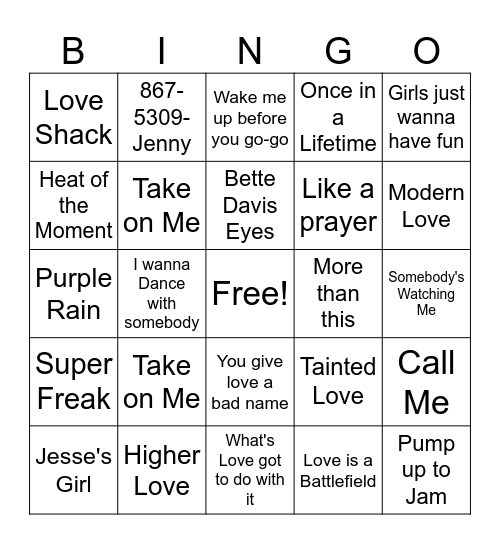 80's Top Hits Bingo Card