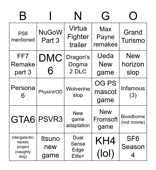 Playstation showcase 2026 June 2 Bingo Card