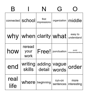 Writing Skills Bingo Card