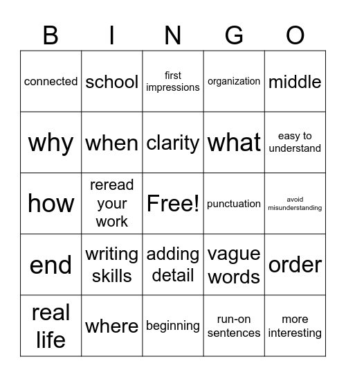 Writing Skills Bingo Card