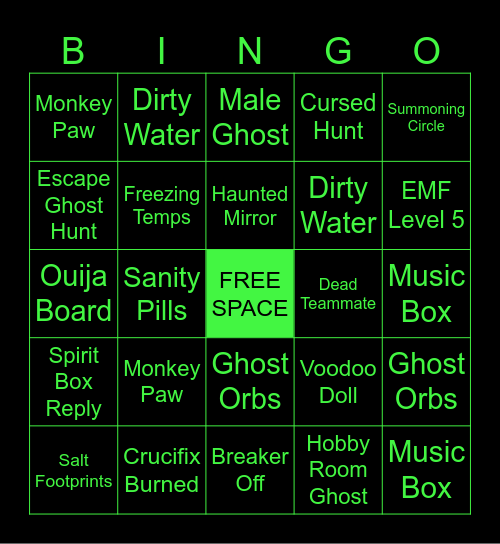 PHASMOPHOBIA Bingo Card