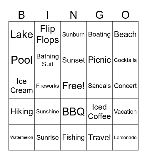 Summer Bucket List Bingo Card