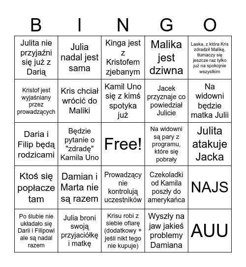 LOVE IS BLIND REUNION Bingo Card
