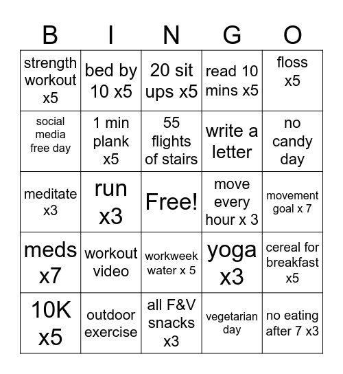 Healthy Habits Bingo Card Bingo Card