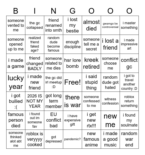 2026 bingo for new me Bingo Card