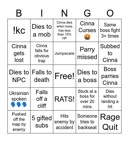 Cinna DSR Death Bingo Card